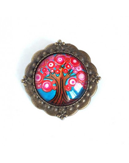 Broche cabochon, Tree of Life, fuchsia and turquoise, bronze