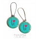 Earrings, LOVE messages, red and turquoise, epoxy resin, bronze, woman's jewelry