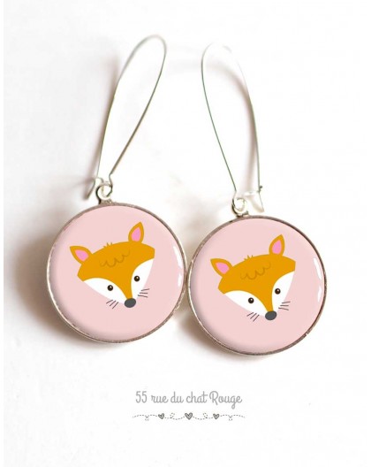 Earrings, little fox, pink and orange, epoxy resin, silver, woman's jewelry