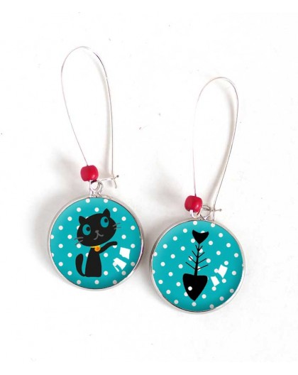 Earrings, Round, Little cat and fish, turquoise, silver, woman's jewelry