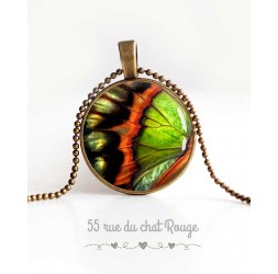 Cabochon Halskette, Schmetterlingsflügel, orange und grün, Frau Schmuck