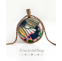 cabochon pendant necklace, butterfly wing, pink and gray, spring green, woman's jewelry