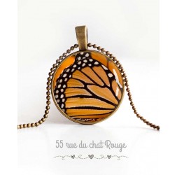 cabochon pendant necklace, butterfly wings, orange and black, women's jewelry