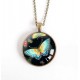 Cabochon pendant necklace, turquoise and black butterfly, bronze