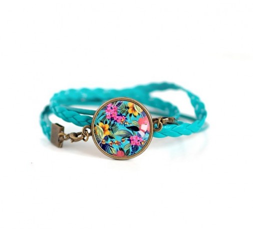 Bracelet double tour turquoise, fleur tropicale