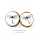 Earrings, pendants, cabochon dragonfly, black and white, bronze