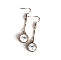 Boucles d'oreilles, Libellule, noir et blanc, chaîne bronze