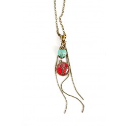 cabochon pendant necklace, inspired red Hindu chainette turquoise pearl, bronze
