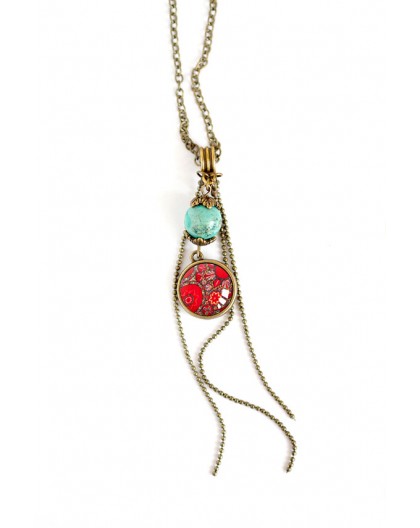 Collier pendentif cabochon, inspiration Hindou rouge, chainette, perle turquoise, bronze