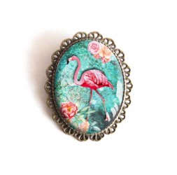 Pin, Flamingo, turquoise, flowers, tropical, bronze