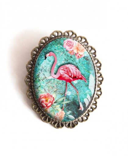 Pin, Flamingo, turquoise, flowers, tropical, bronze