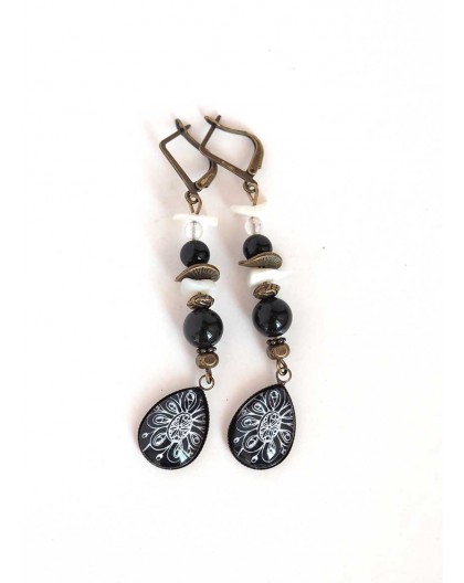 Earrings, pendant, cabochon drops, obsidian black, pearl, bronze crafts
