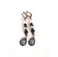 Earrings, pendant, cabochon drops, obsidian black, pearl, bronze crafts