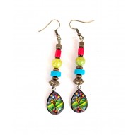 Pendientes, colgantes, gotas cabujón, verde y azul, árbol de la vida, la artesanía de bronce