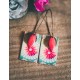 Boucles d'oreilles, pendantes, fantaisie, fleurs turquoise et rose, artisanat