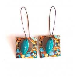 Earrings, pendant, costume, imitation stone, turquoise and brown, crafts