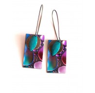 Boucles d'oreilles, pendantes, fantaisie,  abstrait violet et turquoise, artisanat