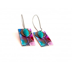 Boucles d'oreilles, pendantes, fantaisie,  abstrait violet et turquoise, artisanat