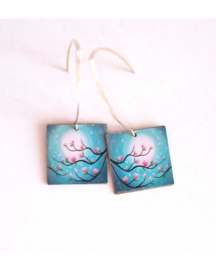 Earrings, pendant, fancy, Magnolias pink and blue, crafts