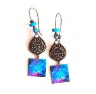 Boucles d'oreilles, pendantes, fantaisie,  Bleu Univers, galaxie, artisanat