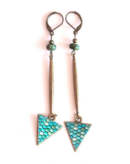 Boucles d'oreilles, longs pendants, turquoise africaine, bleu, bronze, artisanat