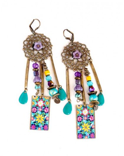 Earrings, pendant, Bohemian, gypsy, yellow blue purple flerus, turquoise, bronze