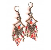 Boucles d'oreilles, pendantes, bohême, gypsy, tons orange et rouge, turquoise, bronze