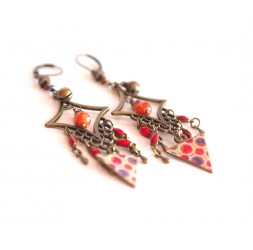 Earrings, pendant, Bohemian, gypsy, orange and red tones, turquoise, bronze