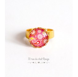 cabujón anillo de forma redonda, arabescos de color rojo y rosa, Paisley, acabado dorado