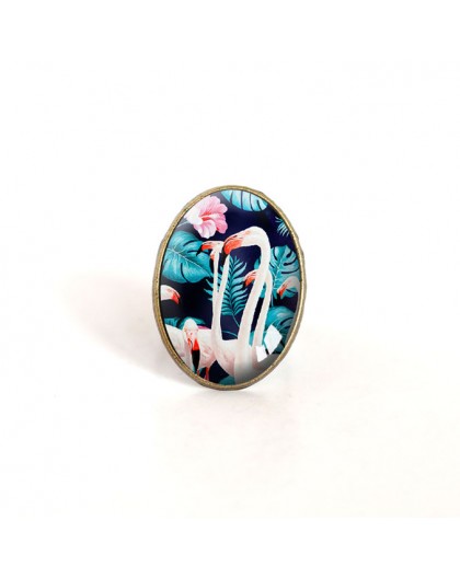 anillo oval cabujón, flamenco, tropical, turquesa y rosa, bronce