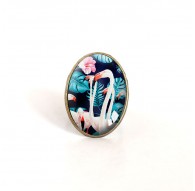 anello ovale cabochon, fenicottero, tropicale, turchese e rosa, bronzo