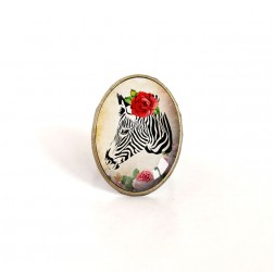 oval cabochon ring, zebra with red rose, retro style, bronze
