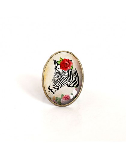 oval Cabochon Ring, Zebra mit roter Rose, Retro-Stil, Bronze