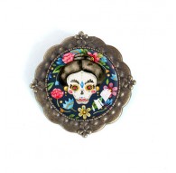 Broche cabochon, Dia de muertos, esprit Mexique, mutlicouleur, bronze
