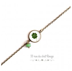 Bracelet fine chain, cabochon, clover, lucky charm, green white, bronze