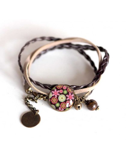 Schnur-Armband Rose Cabochon pastellblau und rosa Blüten, Bronze