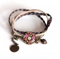 Bracciale a filo marrone, rosa, verde, beige, beige, bronzo fiore cabochon