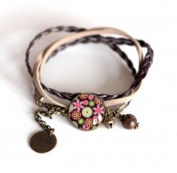 Kordelarmband Braun, rosa, grün, beige, Bronze Blumen-Cabochon