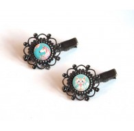 2 HaarBarrettes, Cabochon Einhorn, Kätzchen, pastellfarben, blau, rosa, bronze