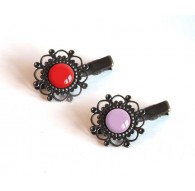 2 Barrettes dei capelli, cabochon, rosso e viola, coccodrillo, bronzo