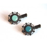 2 Barrettes à cheveux, cabochon, tons bleus, bleu canard, bleu pastel, pince crocodile, bronze