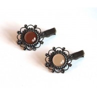2 Barrettes à cheveux, cabochon, tons marrons, marrons et beige, pince crocodile, bronze