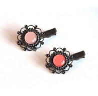 2 HaarBarrettes, Cabochon, rosa, beige Lachs, Korallen, Krokodilklemme, Bronze