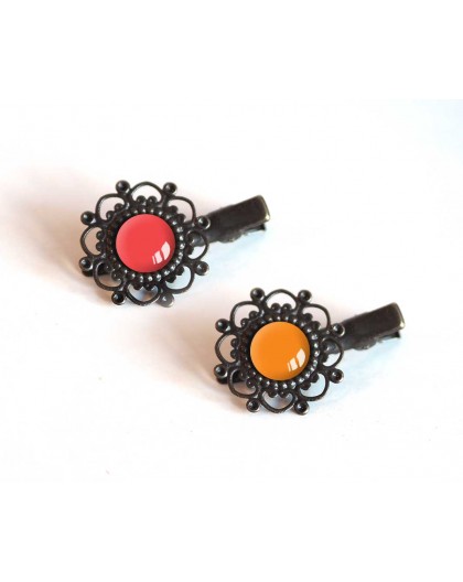 2 Hair clip, cabochon, red tones, red and orange, bronze