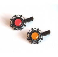 2 dei capelli Barrettes, cabochon, toni di rosso, rosso e arancio, bronzo