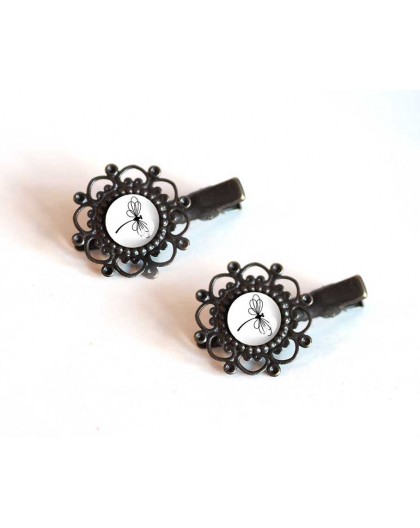 2 Hair clip, cabochon, Dragonfly black and white, bronze