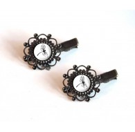 2 Hair clip, cabochon, Dragonfly black and white, bronze
