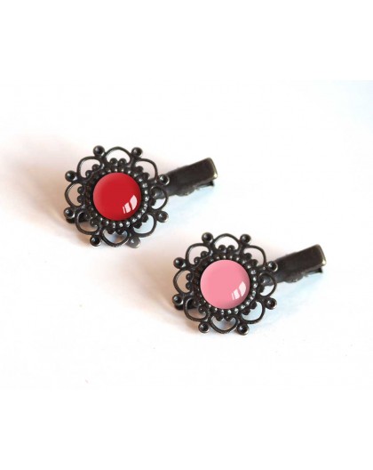2 Hair clip, cabochon pink tones, red and pink, bronze