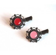 2 HaarBarrettes, Cabochon rosa Tönen, rot und rosa, Bronze