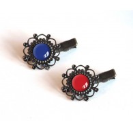 2 HaarBarrettes, Cabochon, blaue und rote Farben, Bronze